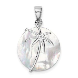 Sterling Silver Mother of Pearl Tropical Palm Tree Round Necklace Charm Pendant
